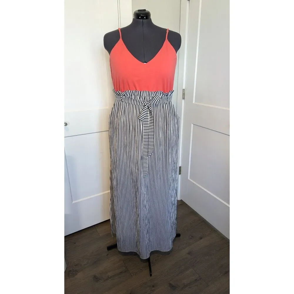 Main Strip Womens Maxi Dress Plus 2XL Paper Bag Waist Pink Orange Striped Black - Picture 1 of 8